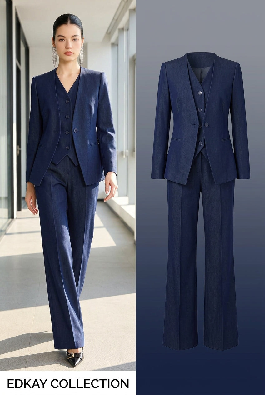 The Kensington Three-Piece Collar-Free Suit – Navy