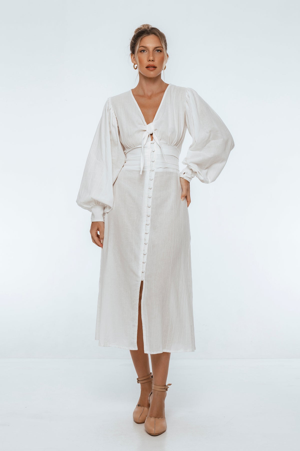 Velvet Sky Long Sleeve Linen Midi Dress