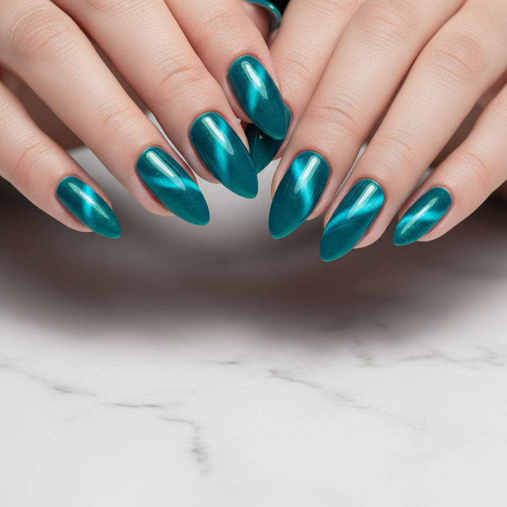 Close-up of bright teal magnetic cat eye gel nails on white marble background