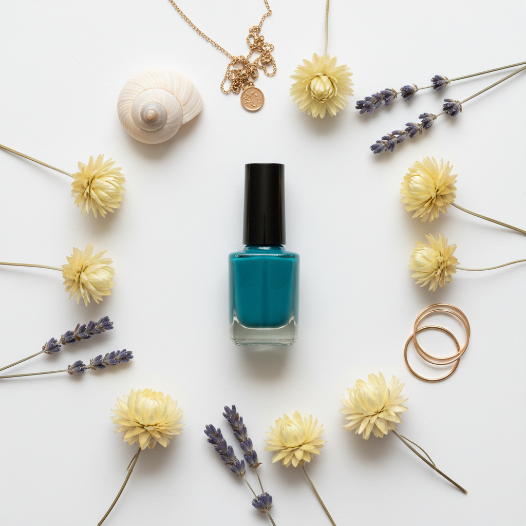 Flat lay of teal gel nail polish bottle with Mediterranean props on white surface