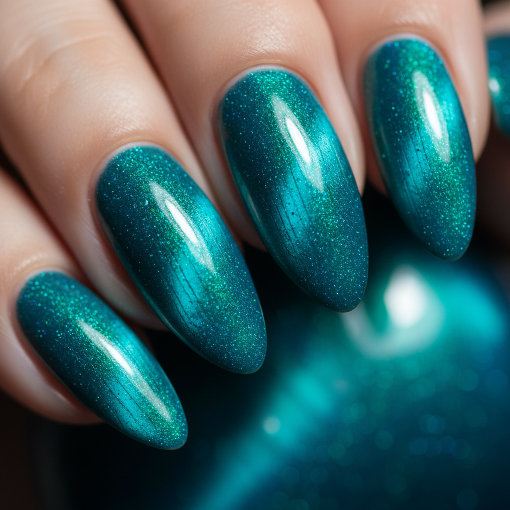Macro close-up of bright teal magnetic cat eye gel nails showing shimmer and depth