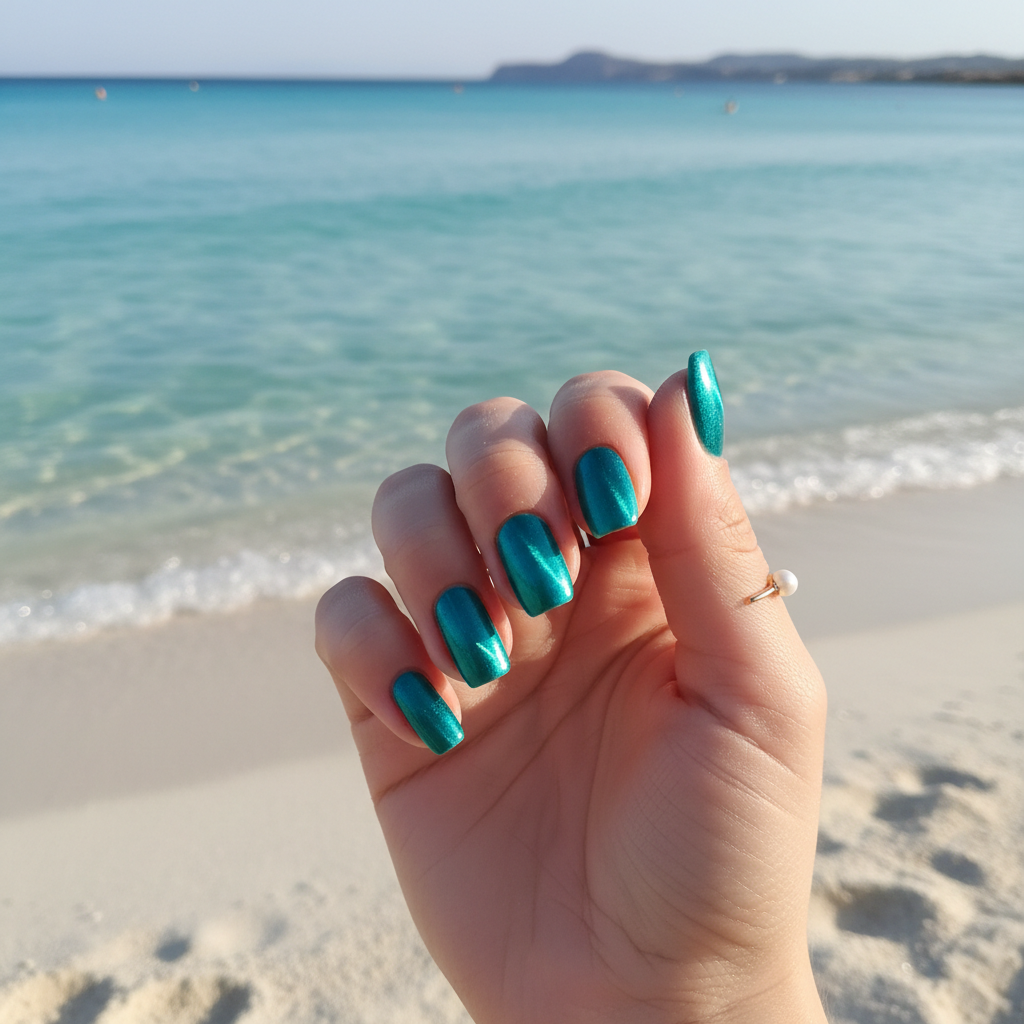 Woman's hand with teal cat eye nails resting on white sand at Ibiza beach