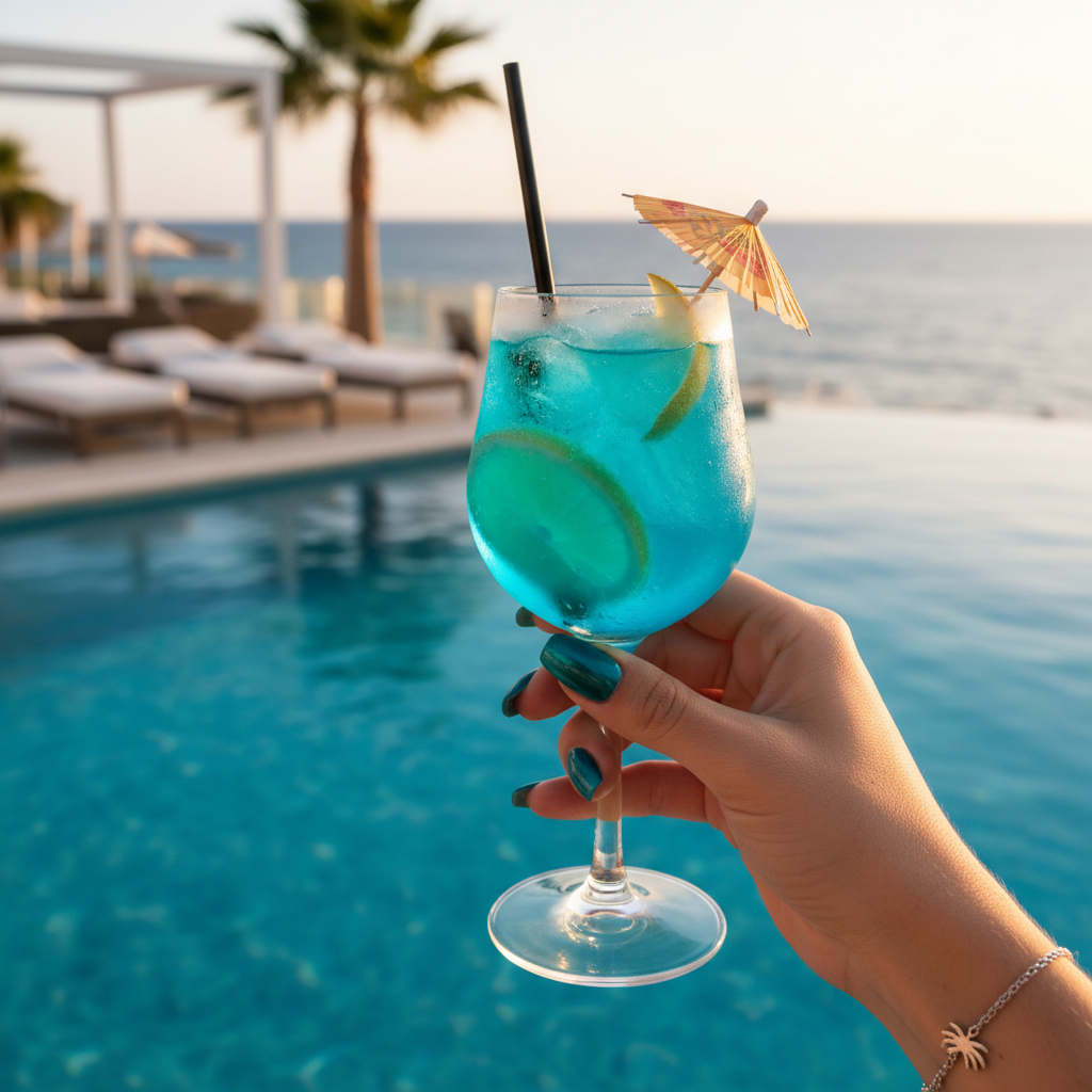Woman's hand with teal cat eye gel nails holding a cocktail by a luxury Ibiza pool