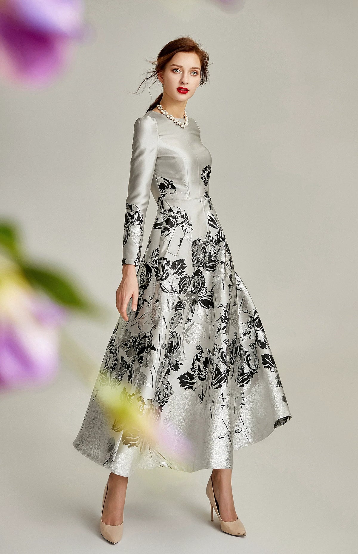 The A-line Silver Jacquard Formal Mum Dress